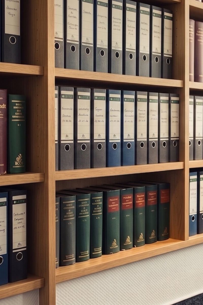 Juristische Aktenordner und Kommentarbände im Kanzleiregal — Beweiswert der AU-Bescheinigung sachlich prüfen, Anhaltspunkte dokumentieren