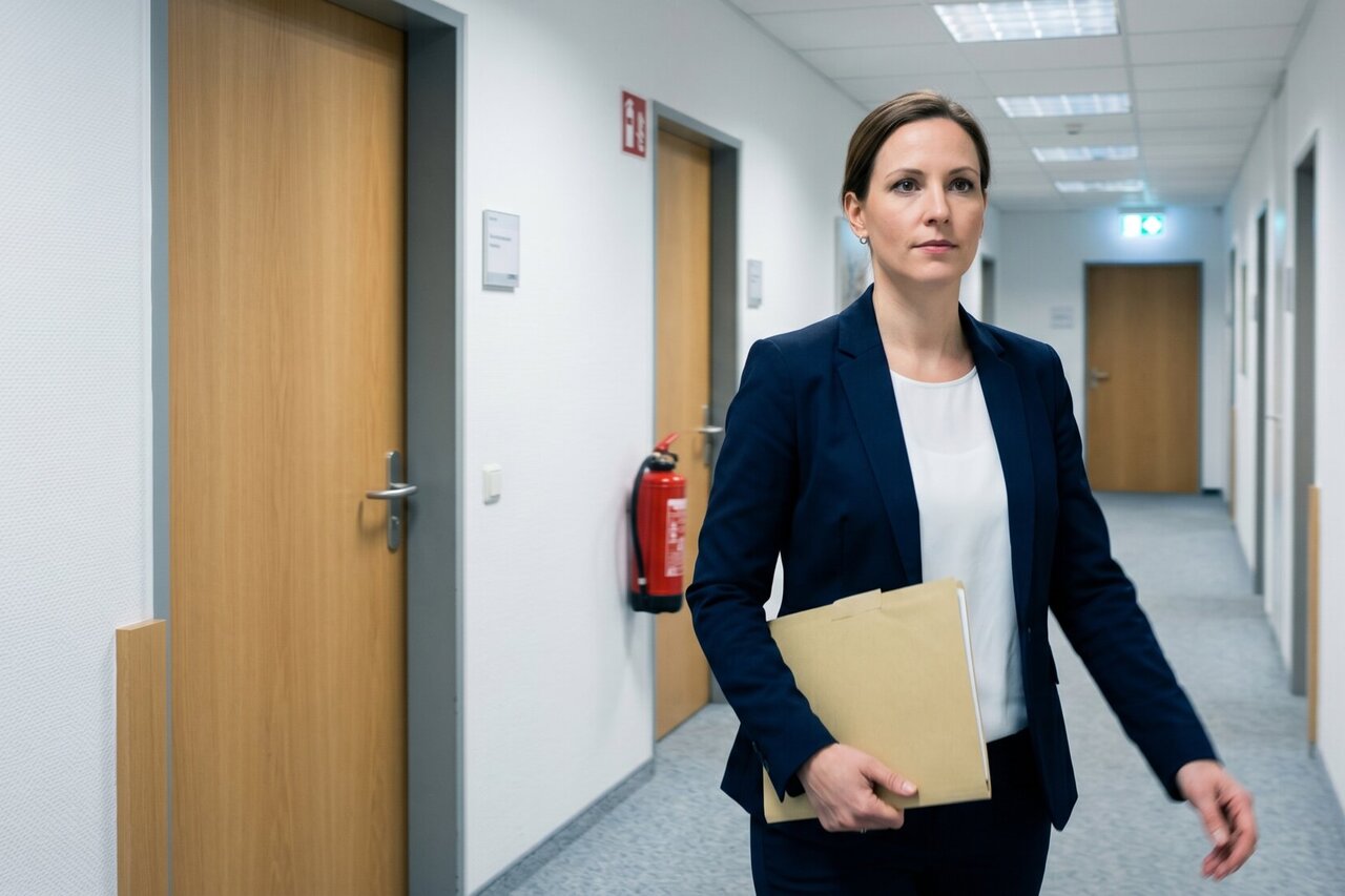 Personalverantwortliche im Bürogang — die Abmahnung wird auf dem Weg in die Personalakte noch einmal geprüft